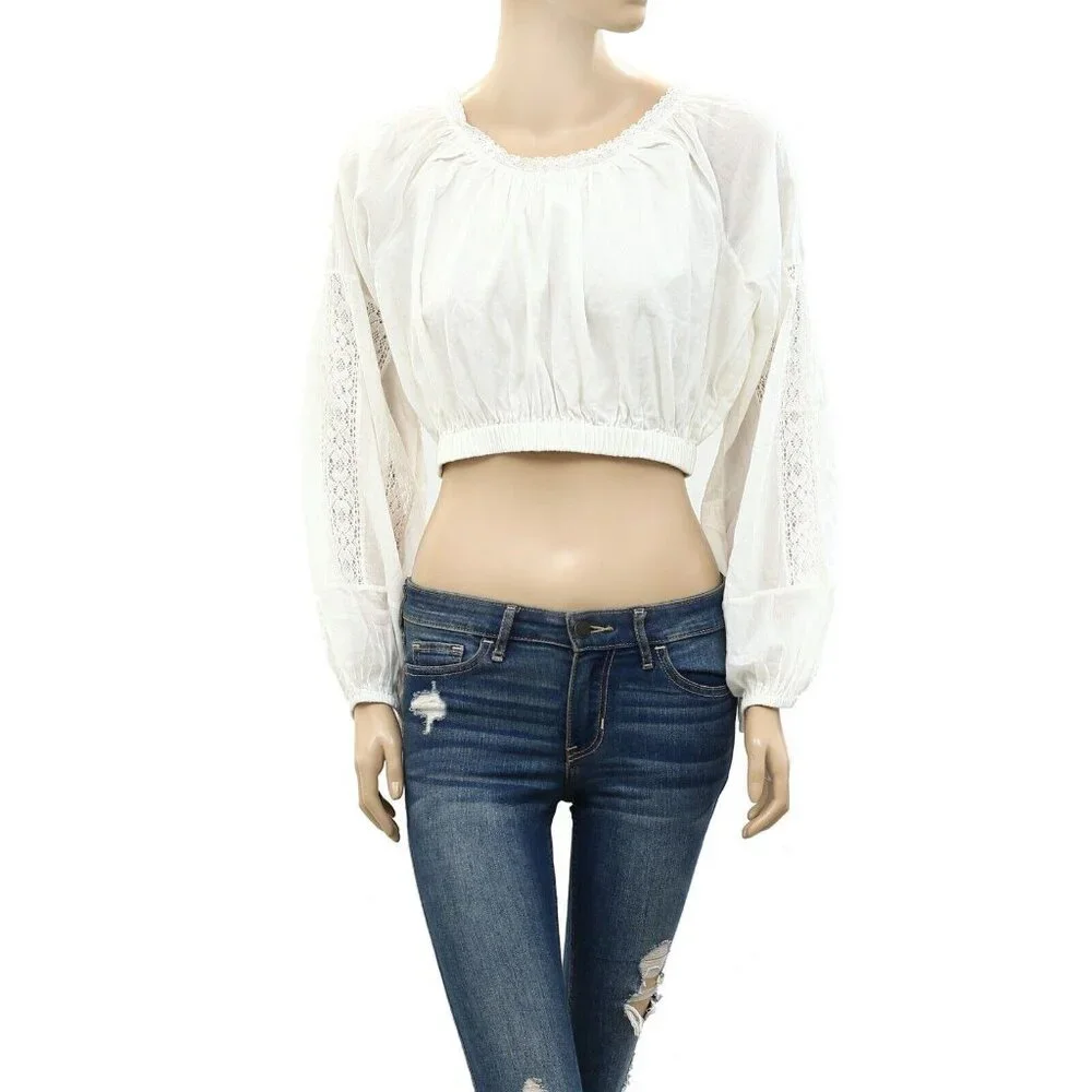 Ulla Johnson Lace Cropped Solid Top Long Sleeve Ivory Cotton Blouse M New